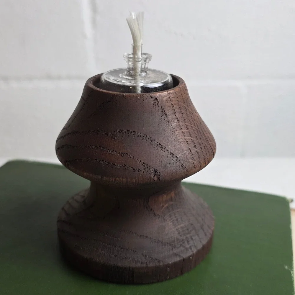 Vintage Hand Turned Oak Wood Oil Lamps Set of 2 Dark Stain Glass Reservoir